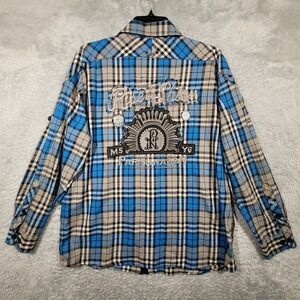 Parish Nation Shirt Mens 2XL Blue Plaid‎ Patches Embroidered Rise Shine *stains
